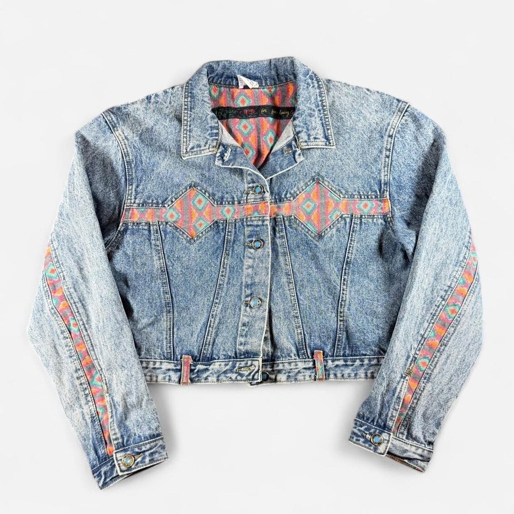 80s/90s J.T Jeans Cropped Aztec Denim Jacket Size L Western